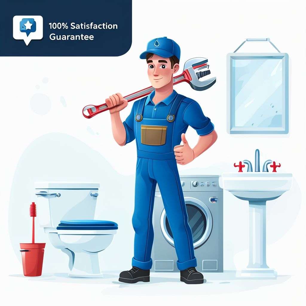 An illustration of a professional plumber in a blue uniform holding a wrench, standing in a bathroom setting. The scene includes a toilet, sink, and washing machine, with a '100% Satisfaction Guarantee' badge symbolizing reliable and quality plumbing services. Ideal for conveying trust and expertise in plumbing.